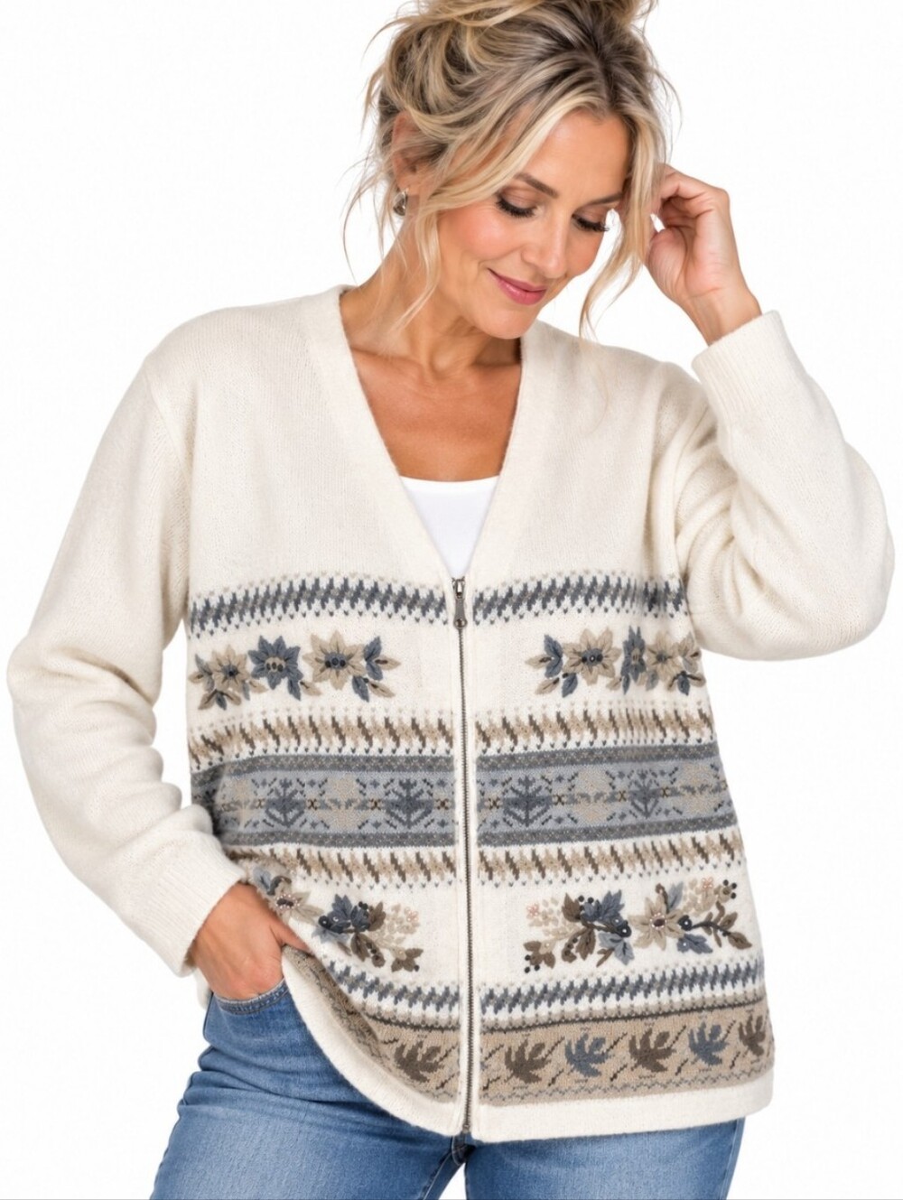 Alfred Dunner Women’s Large Wool Blend Floral Fair Isle Zip Cardigan Sweater